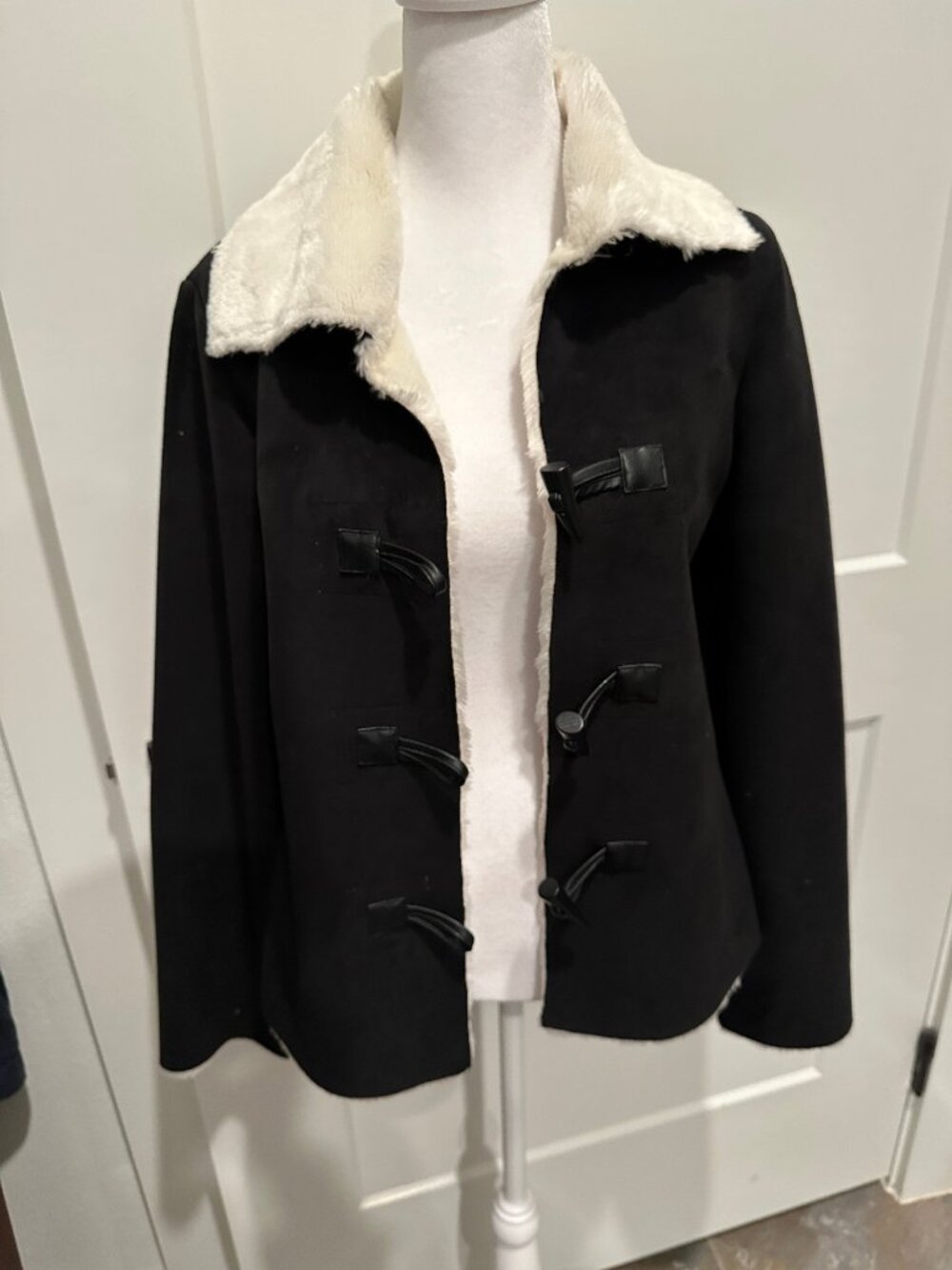 White House Black Market Faux Suede and Fur Jacket Black and Off-White XS
